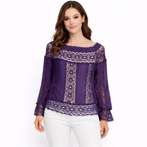 Johnny Was JADE Purple Sheer Lace Crochet Boho Blouse Top Size M NWT